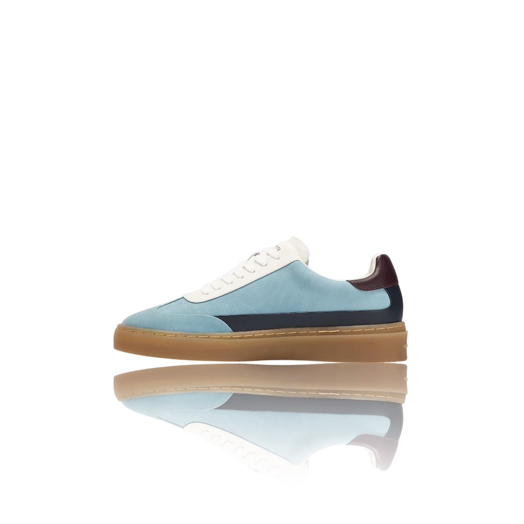 Pale Blue Burgundy White Leather-Trimmed Suede Sneakers
