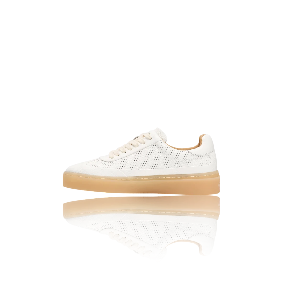 White Leather-Trimmed Perforated Leather Sneakers
